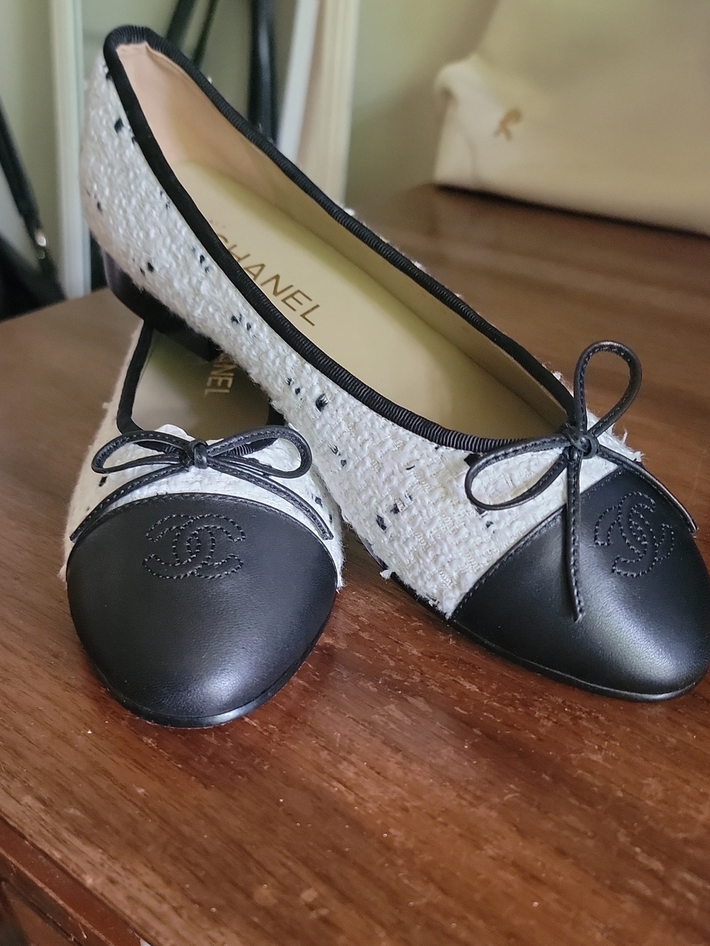 Inspired White Tweed & Black Leather Cap-Toe Ballet Flats